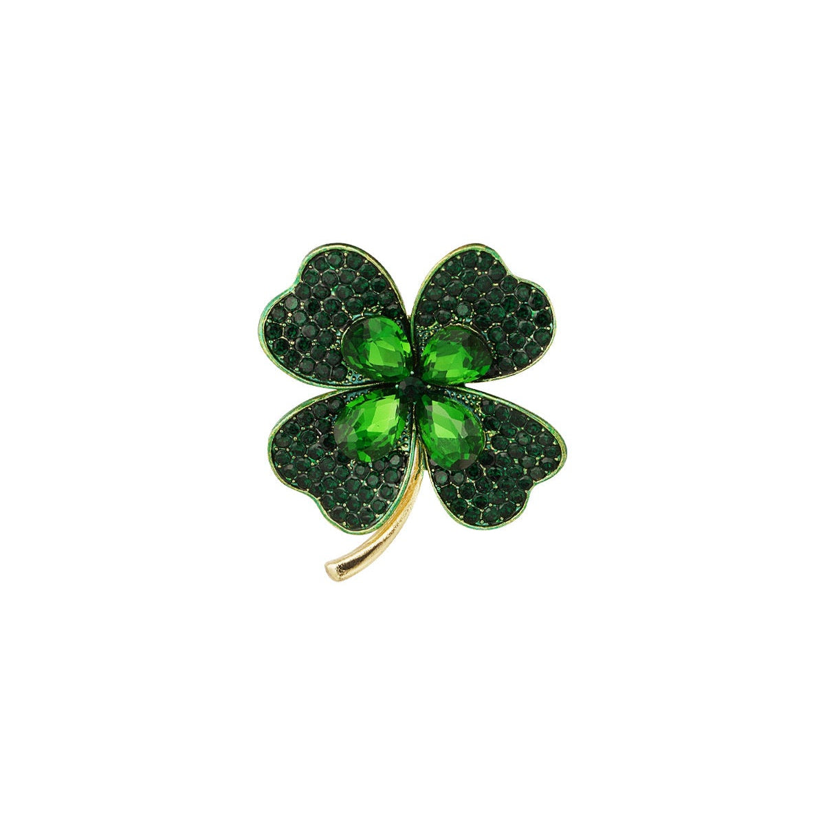 Broche Klavertje Vier Groen met groene stras steenjes in het midden